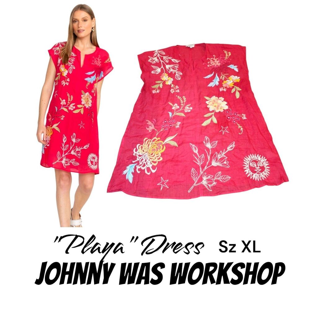 Johnny Was Workshop Playa Sz XL Coral Pink Embroidered Cap Sleeve Shift Dress